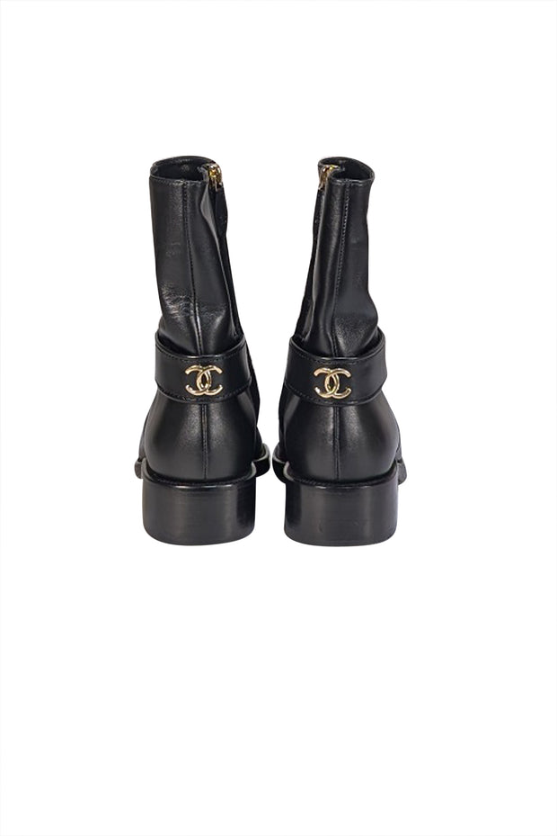 Chanel - Black Leather Logo Back Short Boots Sz 6.5 - Current Boutique