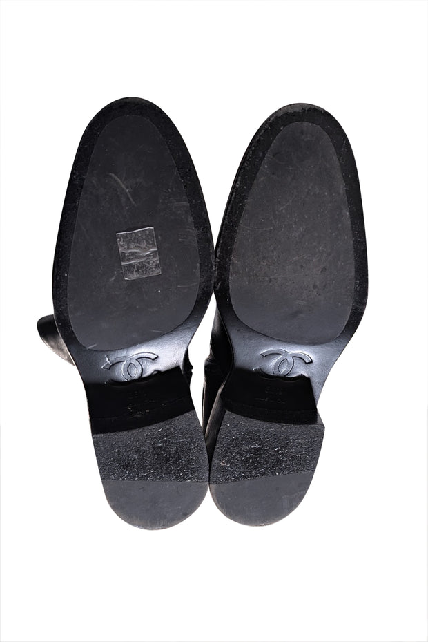 Chanel - Black Leather Logo Back Short Boots Sz 6.5 - Current Boutique