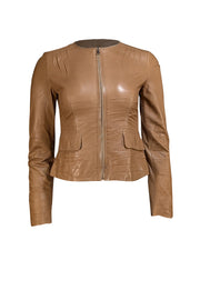 Prada - Tan Leather Collarless Jacket Sz 2 - Current Boutique