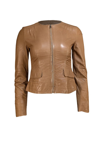 Prada - Tan Leather Collarless Jacket Sz 2 - Current Boutique