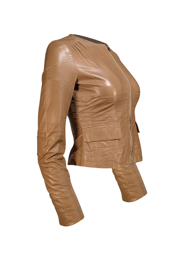 Prada - Tan Leather Collarless Jacket Sz 2 - Current Boutique