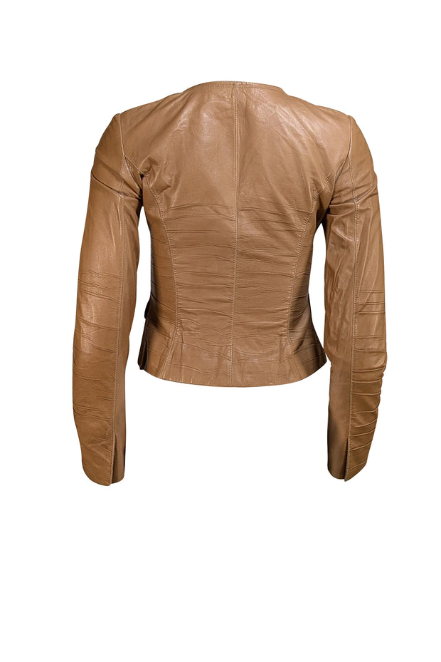 Prada - Tan Leather Collarless Jacket Sz 2 - Current Boutique