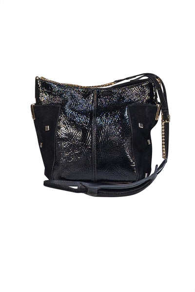 Jimmy Choo - Black Patent Leather & Suede Flat Stud Trim Crossbody Bag - Current Boutique