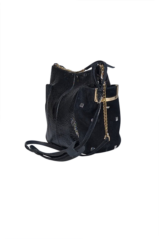 Jimmy Choo - Black Patent Leather & Suede Flat Stud Trim Crossbody Bag - Current Boutique