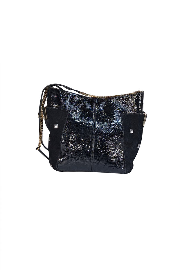 Jimmy Choo - Black Patent Leather & Suede Flat Stud Trim Crossbody Bag - Current Boutique