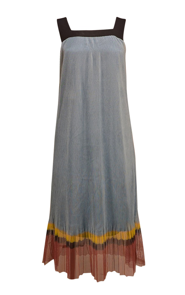 Dries Van Noten - Blue Color Block Multi Pleated Mini Dress Sz 4