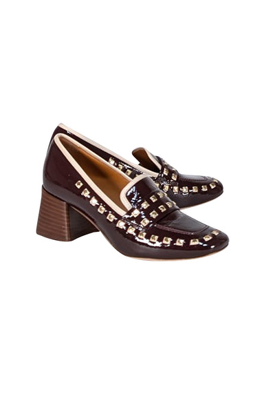 Tory Burch - Maroon Patent Leather Studded Trim Loafer Heels Sz 6 - Current Boutique