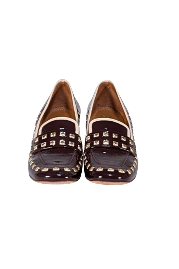 Tory Burch - Maroon Patent Leather Studded Trim Loafer Heels Sz 6 - Current Boutique