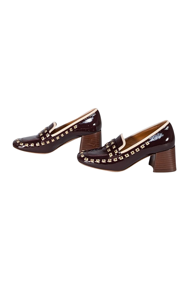 Tory Burch - Maroon Patent Leather Studded Trim Loafer Heels Sz 6 - Current Boutique