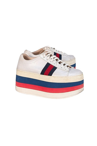Gucci - Ivory Leather Red & Blue Stripe Detail Platform Sneakers Sz 5 - Current Boutique