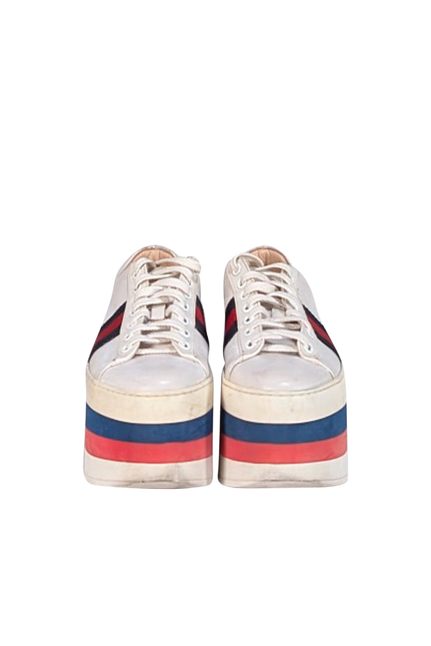 Gucci - Ivory Leather Red & Blue Stripe Detail Platform Sneakers Sz 5 - Current Boutique