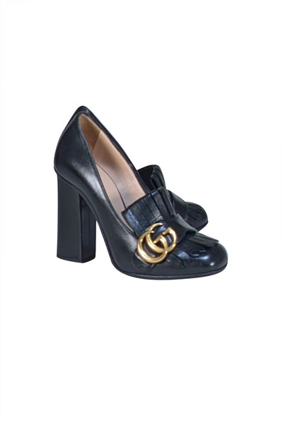 Gucci - Black Leather Marmont Logo Loafer Pumps Sz 4 - Current Boutique