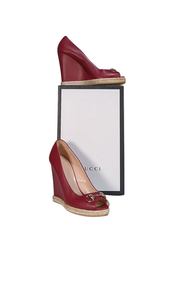 Gucci - Crimson Red Leather Wedge Heels w/ Espadrille Trim Sz 9 - Current Boutique