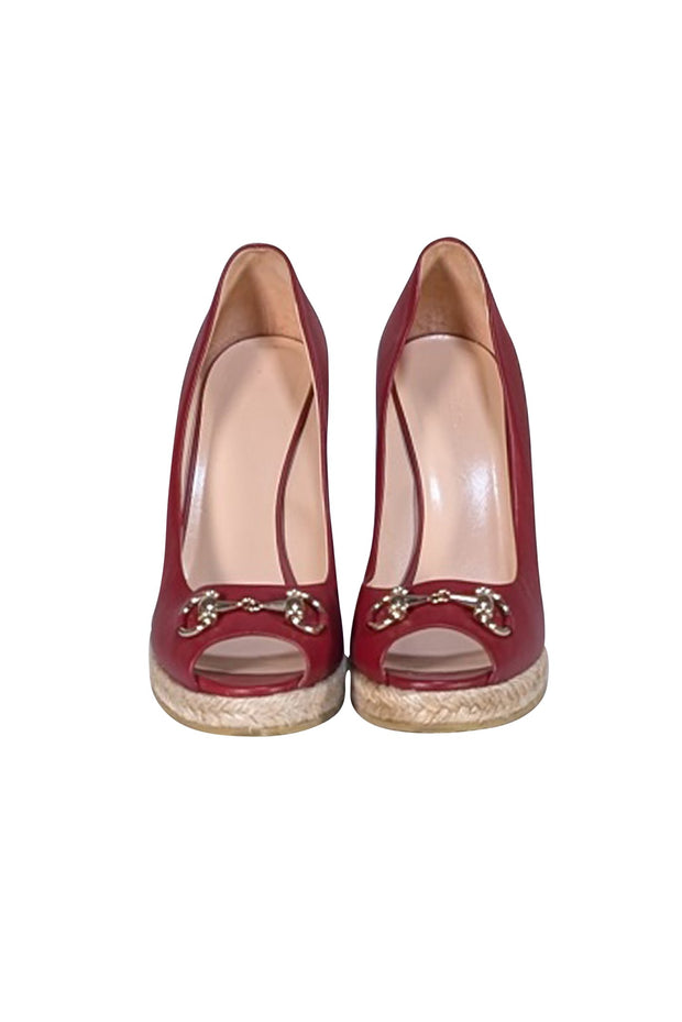 Gucci - Crimson Red Leather Wedge Heels w/ Espadrille Trim Sz 9 - Current Boutique