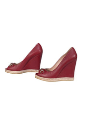 Gucci - Crimson Red Leather Wedge Heels w/ Espadrille Trim Sz 9 - Current Boutique
