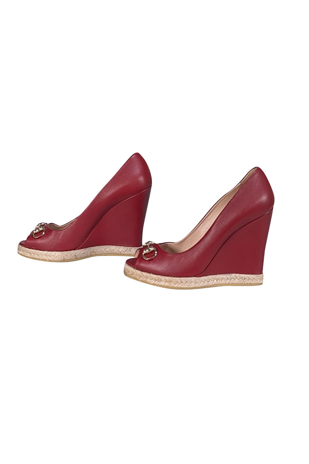Gucci - Crimson Red Leather Wedge Heels w/ Espadrille Trim Sz 9 - Current Boutique