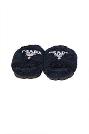 Prada - Black Fuzzy Logo Front Slide Sandals Sz 9 - Current Boutique