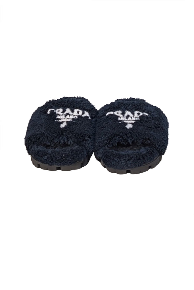 Prada - Black Fuzzy Logo Front Slide Sandals Sz 9 - Current Boutique