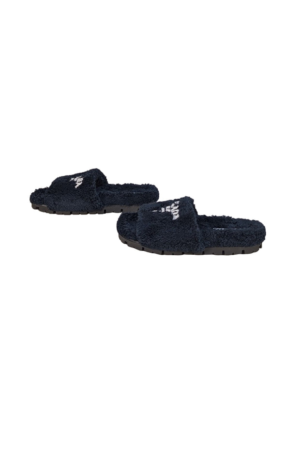 Prada - Black Fuzzy Logo Front Slide Sandals Sz 9 - Current Boutique