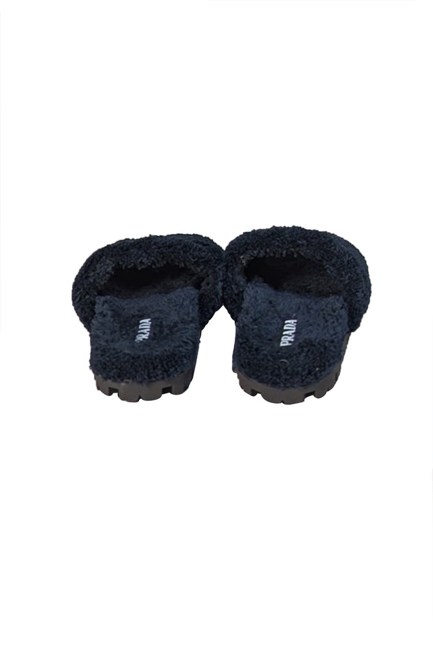 Prada - Black Fuzzy Logo Front Slide Sandals Sz 9 - Current Boutique
