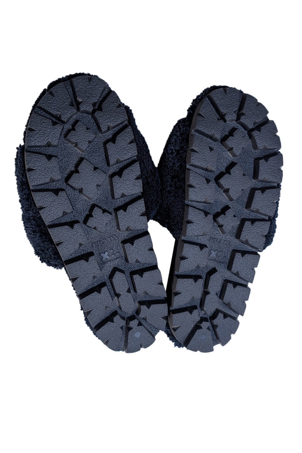 Prada - Black Fuzzy Logo Front Slide Sandals Sz 9 - Current Boutique