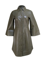 Ganni - Olive Green Leather Collared Mini Dress Sz 6 - Current Boutique