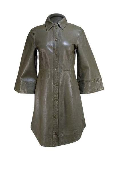 Ganni - Olive Green Leather Collared Mini Dress Sz 6 - Current Boutique
