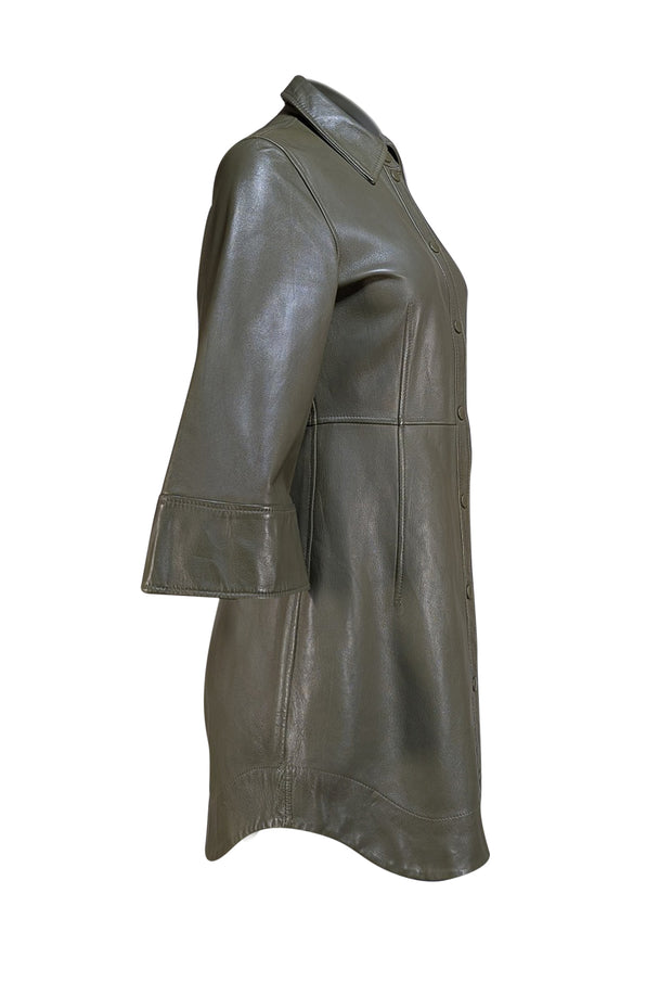 Ganni - Olive Green Leather Collared Mini Dress Sz 6 - Current Boutique