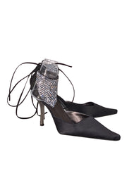 St. John - Black Satin Ankle Tie Strap Heels w/ Rhinestone Mesh Detail Sz 8.5 - Current Boutique