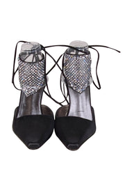 St. John - Black Satin Ankle Tie Strap Heels w/ Rhinestone Mesh Detail Sz 8.5 - Current Boutique