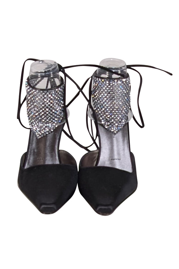 St. John - Black Satin Ankle Tie Strap Heels w/ Rhinestone Mesh Detail Sz 8.5 - Current Boutique