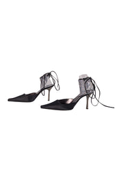 St. John - Black Satin Ankle Tie Strap Heels w/ Rhinestone Mesh Detail Sz 8.5 - Current Boutique