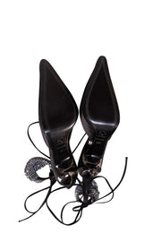 St. John - Black Satin Ankle Tie Strap Heels w/ Rhinestone Mesh Detail Sz 8.5 - Current Boutique