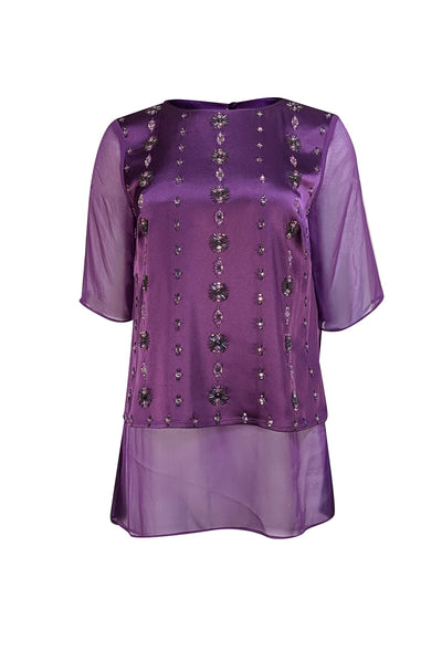 St. John - Purple Beaded Detail Silk Short Sleeve Sz S - Current Boutique