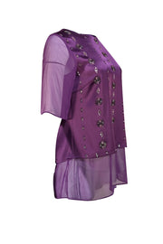 St. John - Purple Beaded Detail Silk Short Sleeve Sz S - Current Boutique