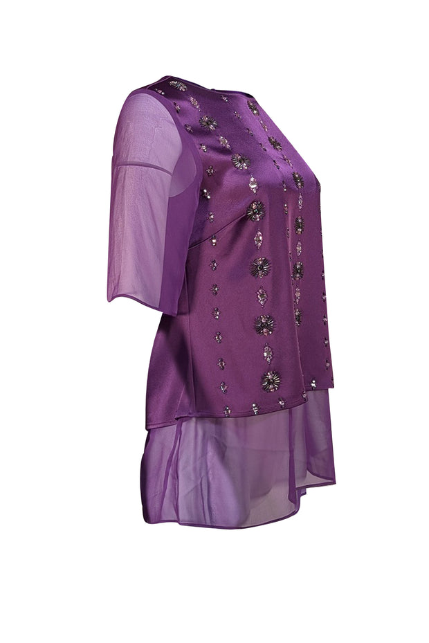 St. John - Purple Beaded Detail Silk Short Sleeve Sz S - Current Boutique