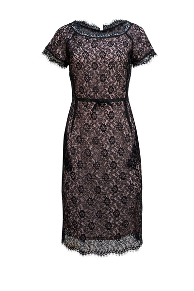 St. John - Black Lace w/ Pink Lining Short Sleeve Cocktail Dress Sz 6 - Current Boutique