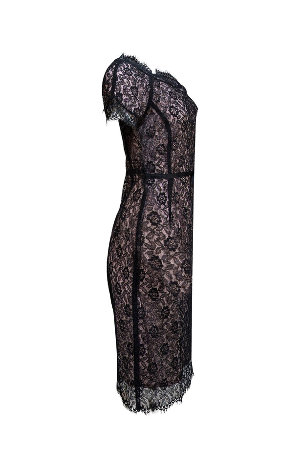 St. John - Black Lace w/ Pink Lining Short Sleeve Cocktail Dress Sz 6 - Current Boutique