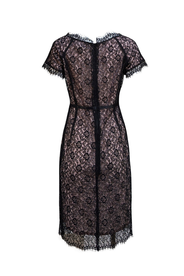 St. John - Black Lace w/ Pink Lining Short Sleeve Cocktail Dress Sz 6 - Current Boutique