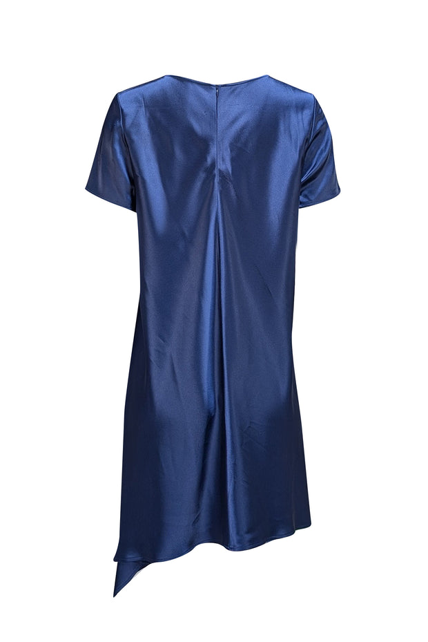St. John - Dark Blue Satin Short Sleeve Shift Dress Sz 6 - Current Boutique