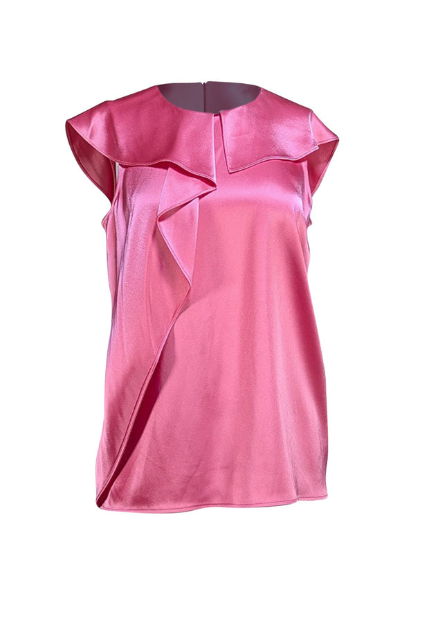 St. John - Coral Pink Satin Ruffle Flounce Blouse Sz 6 - Current Boutique