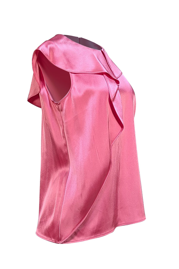 St. John - Coral Pink Satin Ruffle Flounce Blouse Sz 6 - Current Boutique
