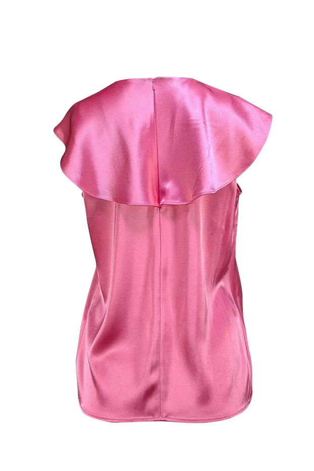 St. John - Coral Pink Satin Ruffle Flounce Blouse Sz 6 - Current Boutique