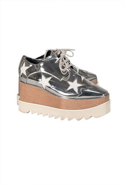 Stella McCartney - Silver Metallic Star Print Platform Sneakers Sz 7 - Current Boutique