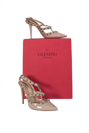 Valentino - Beige Patent Leather Rockstud Cage Heels Sz 7 - Current Boutique