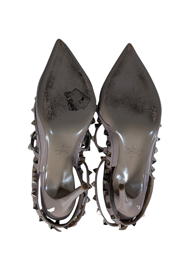 Valentino - Beige Patent Leather Rockstud Cage Heels Sz 7 - Current Boutique