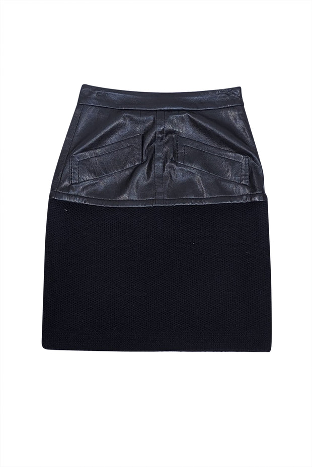Emporio Armani - Black Faux Leather & Wool Blend Fitted Skirt Sz 2 - Current Boutique