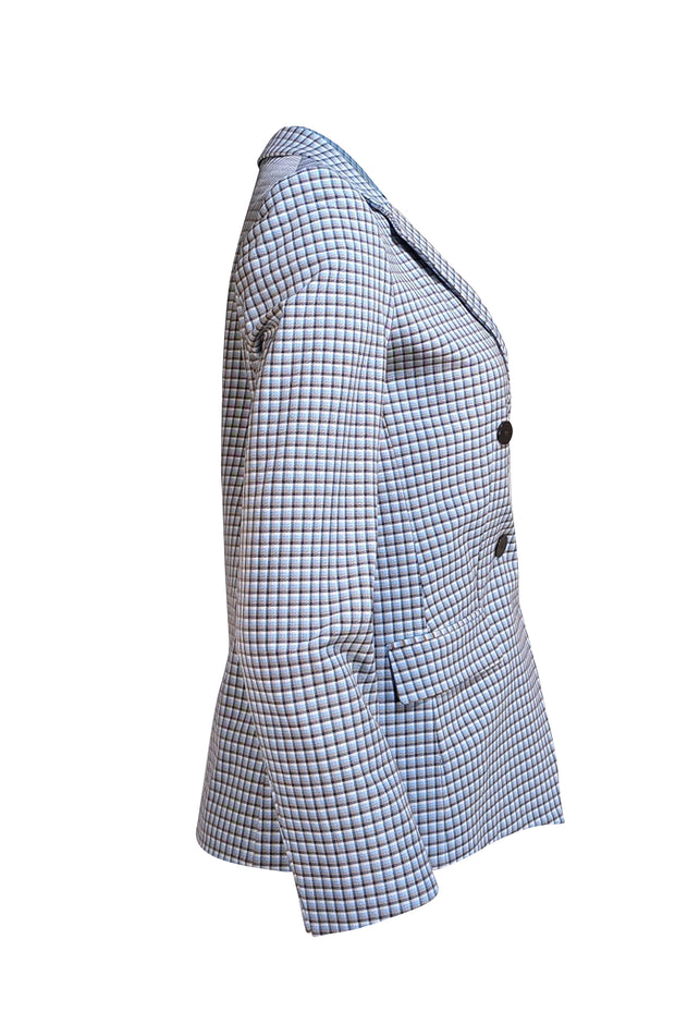 Theory - Blue & Tan Plaid Double Breasted Blazer Sz 6 - Current Boutique
