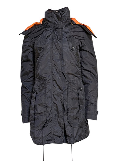 Burberry - Black Zipper Front Coat w/ Detachable Orange Puffer Coat Lining Sz L - Current Boutique