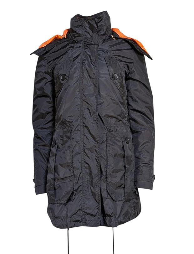 Burberry - Black Zipper Front Coat w/ Detachable Orange Puffer Coat Lining Sz L - Current Boutique